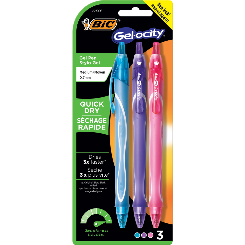 Bic Gelocity Quick Dry Retractable Gel Pen .7mm Asst 3Pk