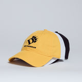 Yellow cap with a black logo on a light gray background