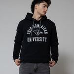Person wearing a black hoodie with 'Old Dominion University' text on a plain background